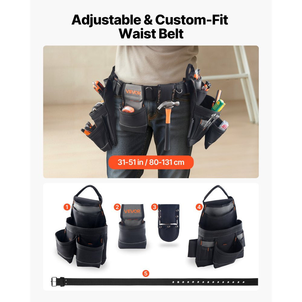VEVOR Tool Belt, 18 Pockets Professional Tool Pouch for Men, Heavy Duty Adjustable Utility Belt Detachable Work Bag for