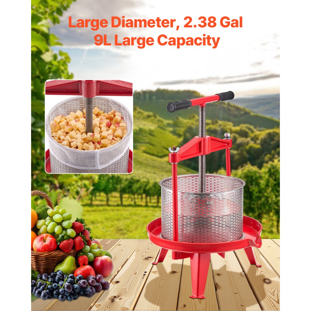 VEVOR 2.38 Gal/9L Fruit Wine Press, Stainless Steel Basket with Cross-beam and Triangular Structure, Manual Juice