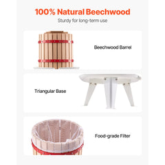 VEVOR 3.2 Gal/12L Fruit Wine Press, Solid Wood Basket with 8 Blocks, Heavy Duty Manual Juice Maker, Cider Apple Grape