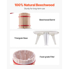 VEVOR 4.75 Gal/18L Fruit Wine Press, Solid Wood Basket with 8 Blocks, Heavy Duty Manual Juice Maker, Cider Apple Grape