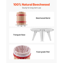 VEVOR 1.6 Gal/6L Fruit Wine Press, Solid Wood Basket with 8 Blocks, Heavy Duty Manual Juice Maker, Cider Apple Grape