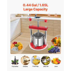 VEVOR 0.44 Gal/1.65L Fruit Wine Press, 2 Stainless Steel Barrels, Manual Juice Maker, Cider Apple Grape Tincture Honey