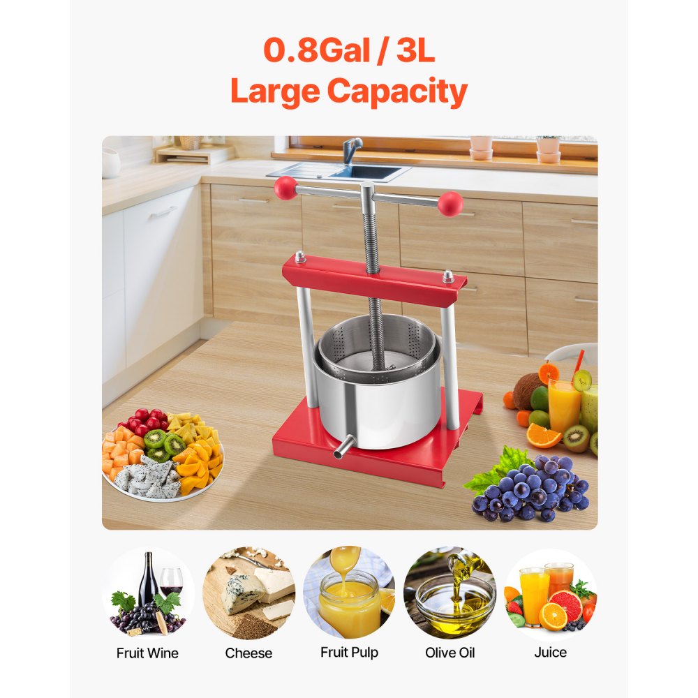 VEVOR 0.8 Gal/3L Fruit Wine Press, 2 Stainless Steel Barrels, Manual Juice Maker, Cider Apple Grape Tincture Honey