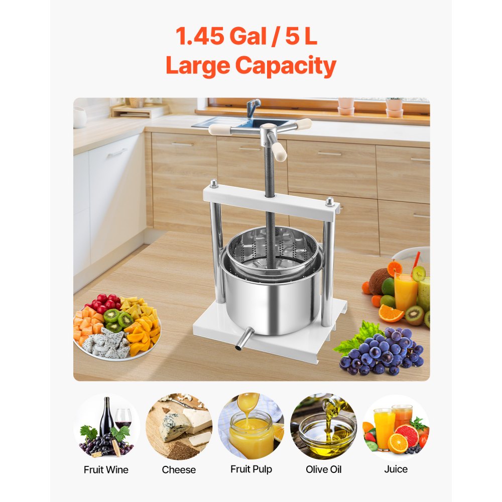 VEVOR 1.45 Gal/5L Fruit Wine Press, 2 Stainless Steel Barrels, Manual Juice Maker, Cider Apple Grape Tincture Honey