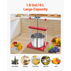 VEVOR 1.6 Gal/6L Fruit Wine Press, 2 Stainless Steel Barrels, Manual Juice Maker, Cider Apple Grape Tincture Honey