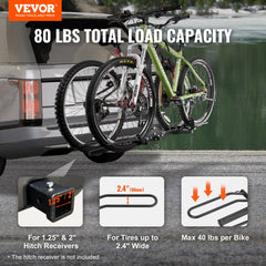 VEVOR Hitch Mount Bike Rack, 2-Bike Platform Style, 80 LBS Max Capacity Bike Rack Hitch for 1.25-/2-inch Receiver