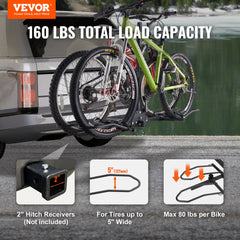 VEVOR Hitch Mount Bike Rack, 2-Bike Platform Style, 160 LBS Max Capacity Bike Rack Hitch for 2-inch Receiver, Titling