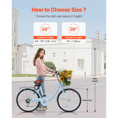 VEVOR Cruiser Bike, 7-Speed, 24-Inch Light Blue Beach Cruiser Bike with Large Capacity Basket and Rear Rack, Secure &
