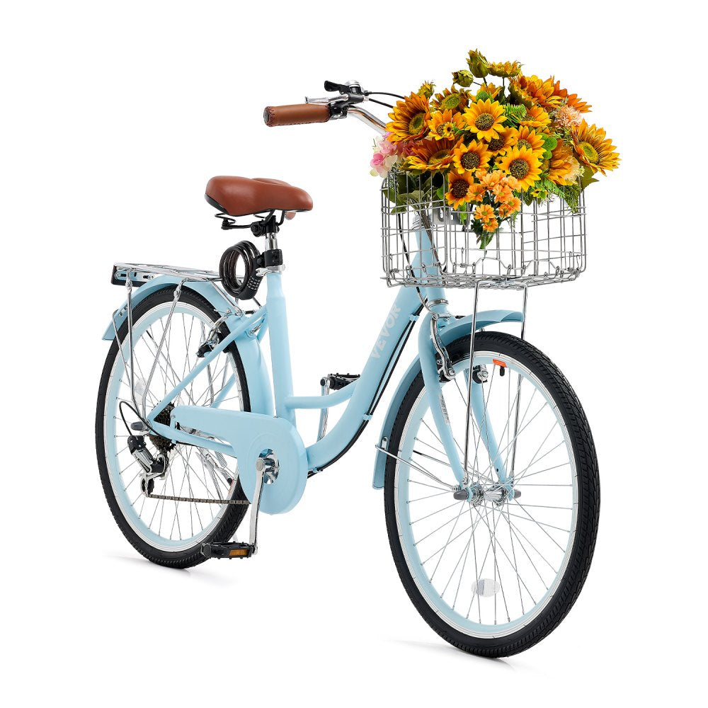 VEVOR Cruiser Bike, 7-Speed, 24-Inch Light Blue Beach Cruiser Bike with Large Capacity Basket and Rear Rack, Secure &