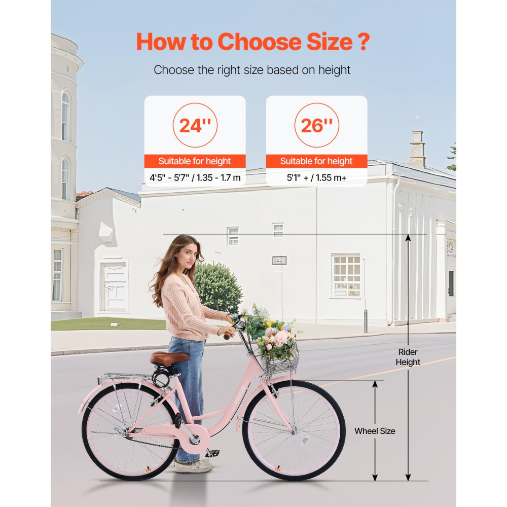 VEVOR Cruiser Bike, 1-Speed, 26-Inch Pink Beach Cruiser Bike with Large Capacity Basket and Rear Rack, Secure & Sturdy