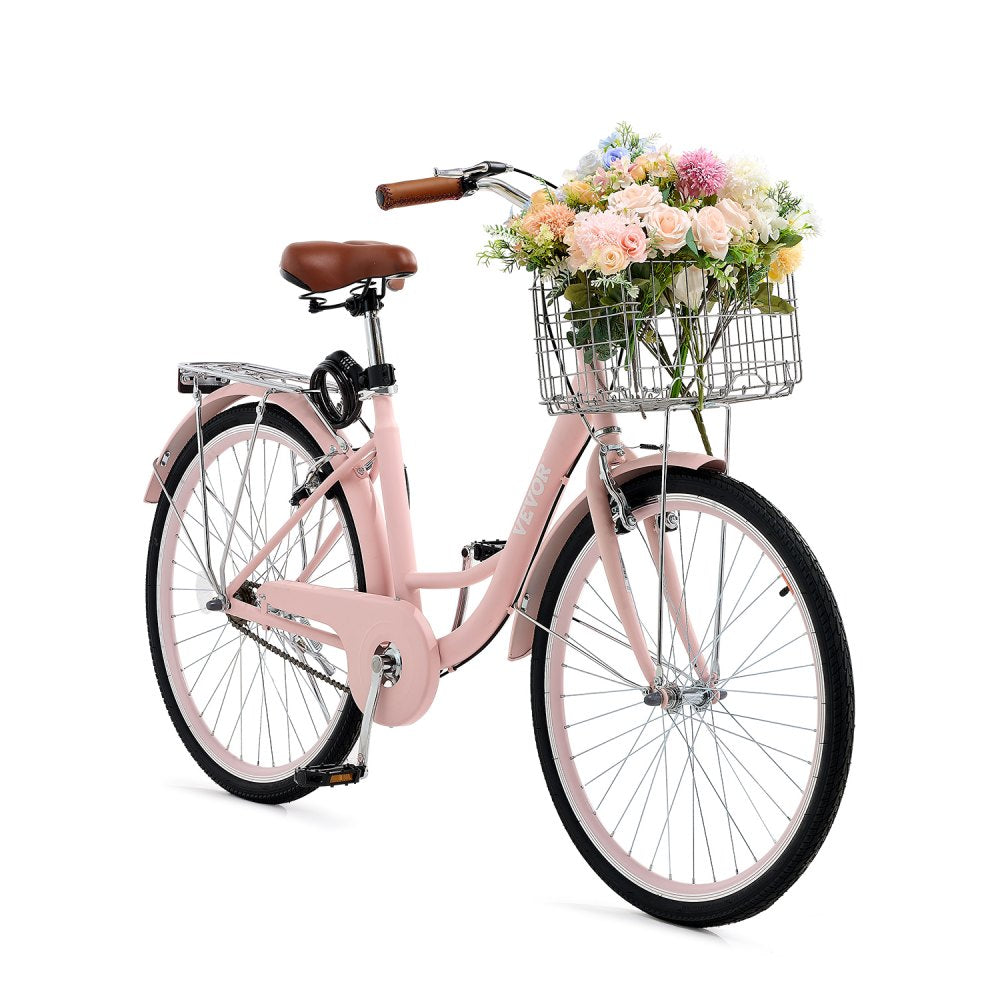 VEVOR Cruiser Bike, 1-Speed, 26-Inch Pink Beach Cruiser Bike with Large Capacity Basket and Rear Rack, Secure & Sturdy