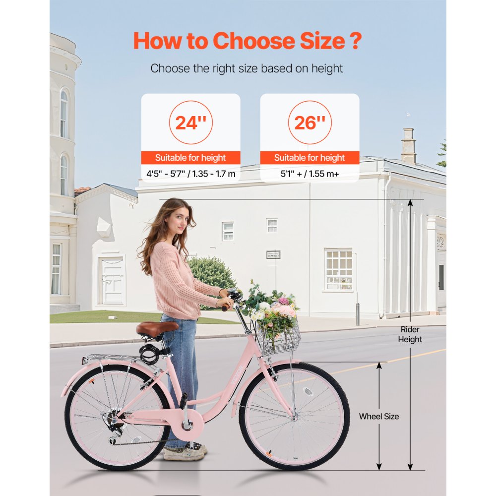 VEVOR Cruiser Bike, 7-Speed, 26-Inch Pink Beach Cruiser Bike with Large Capacity Basket and Rear Rack, Secure & Sturdy