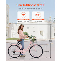 VEVOR Cruiser Bike, 7-Speed, 26-Inch Pink Beach Cruiser Bike with Large Capacity Basket and Rear Rack, Secure & Sturdy