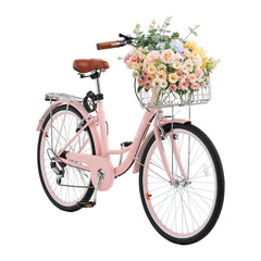 VEVOR Cruiser Bike, 7-Speed, 26-Inch Pink Beach Cruiser Bike with Large Capacity Basket and Rear Rack, Secure & Sturdy