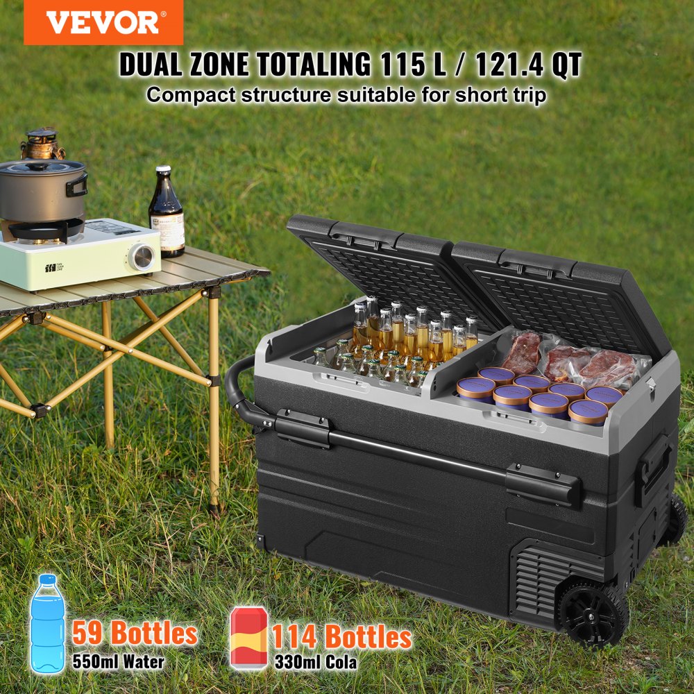 VEVOR Car Refrigerator, 12 Volt Car Refrigerator Fridge, 115 L Dual Zone Portable Freezer with Wheels and Handle
