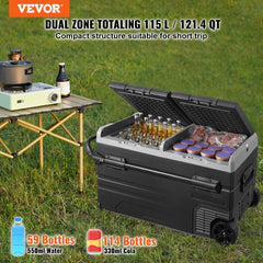 VEVOR Car Refrigerator, 12 Volt Car Refrigerator Fridge, 115 L Dual Zone Portable Freezer with Wheels and Handle