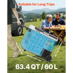 VEVOR 12 Volt Car Refrigerator, 63.4QT/60L Car Fridge, Portable Electric Cooler with Wheels and Handle, -4℉~68℉, 12/24V