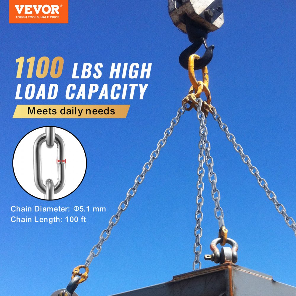VEVOR Proof Coil Chain, 3/16" x 100', 1100 lbs Safe Working Load, Zinc Plated Proof Tested Coil Chain with Two Quick