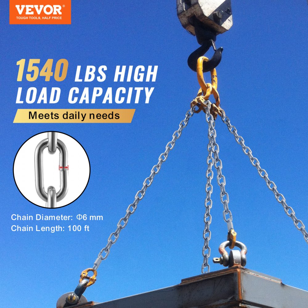 VEVOR Proof Coil Chain, 1/4" x 100', 1540 lbs Safe Working Load, Zinc Plated Proof Tested Coil Chain with Two Quick