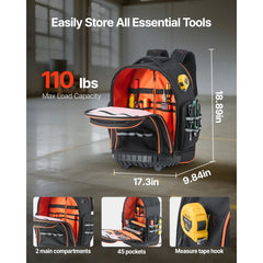 VEVOR Rolling Tool Backpack, 110 lbs Load Capacity, 45 Pockets Heavy Duty Roller Tool Bag on Wheels, Adjustable