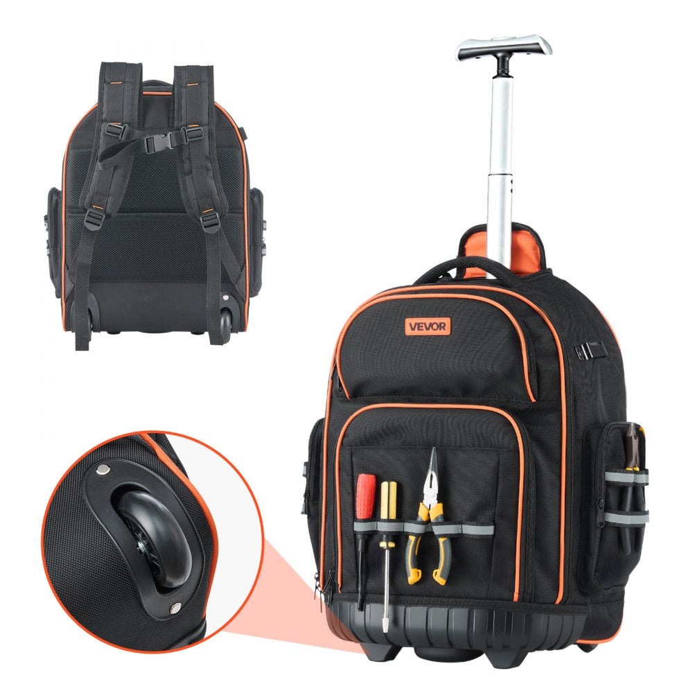 VEVOR Rolling Tool Backpack, 110 lbs Load Capacity, 45 Pockets Heavy Duty Roller Tool Bag on Wheels, Adjustable