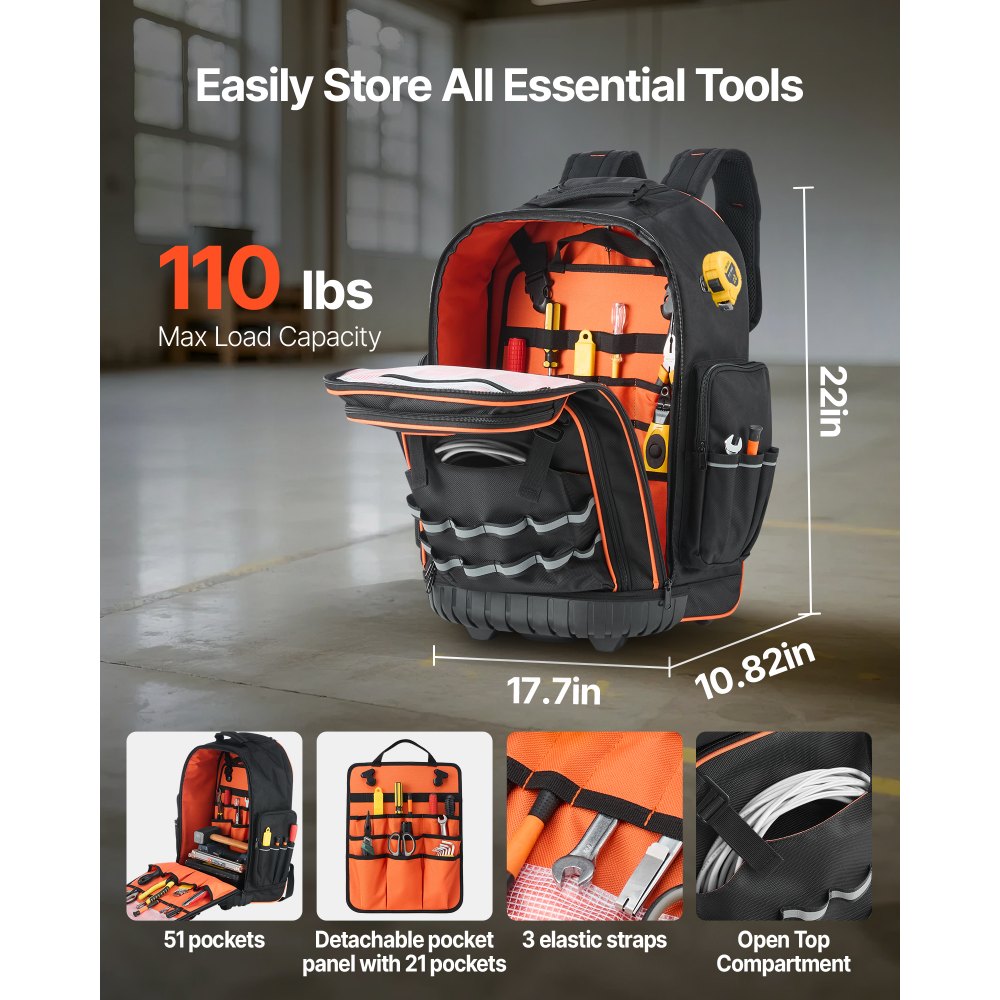 VEVOR Rolling Tool Backpack, 110 lbs Load Capacity, 72 Pockets Heavy Duty Roller Tool Bag on Wheels, Adjustable