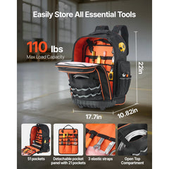 VEVOR Rolling Tool Backpack, 110 lbs Load Capacity, 72 Pockets Heavy Duty Roller Tool Bag on Wheels, Adjustable