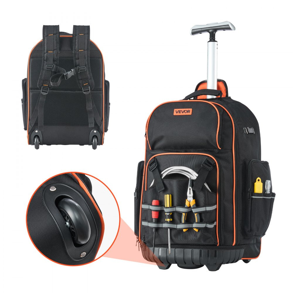 VEVOR Rolling Tool Backpack, 110 lbs Load Capacity, 72 Pockets Heavy Duty Roller Tool Bag on Wheels, Adjustable