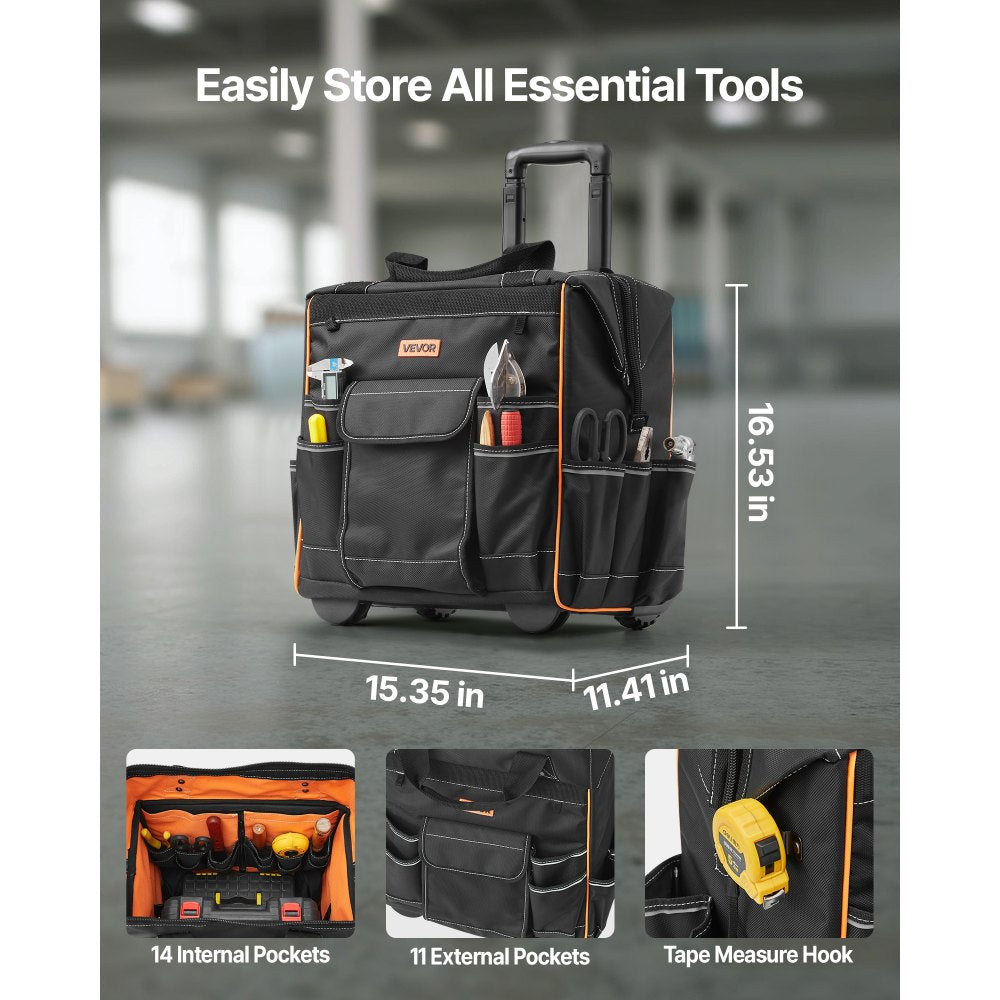 VEVOR Rolling Tool Bag, 110 lbs Load Capacity, 25 Pockets Heavy Duty Roller Tool Bag on Wheels, Adjustable Telescoping