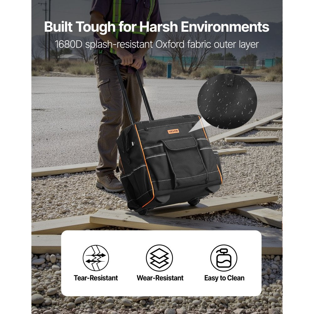 VEVOR Rolling Tool Bag, 110 lbs Load Capacity, 25 Pockets Heavy Duty Roller Tool Bag on Wheels, Adjustable Telescoping