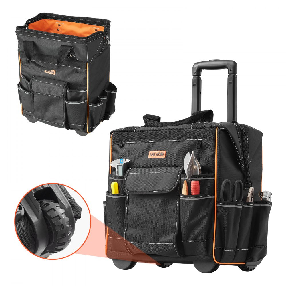 VEVOR Rolling Tool Bag, 110 lbs Load Capacity, 25 Pockets Heavy Duty Roller Tool Bag on Wheels, Adjustable Telescoping