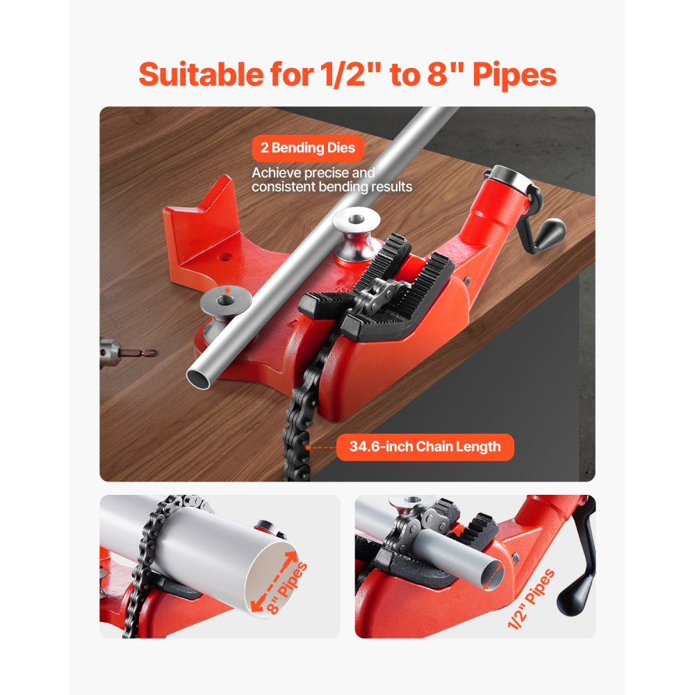 VEVOR Heavy-Duty Pipe Chain Vise, 1/2" - 8" Pipe Capacity, 34.6" Rugged Chain & Cast Iron Base, Industrial-Grade Pipe