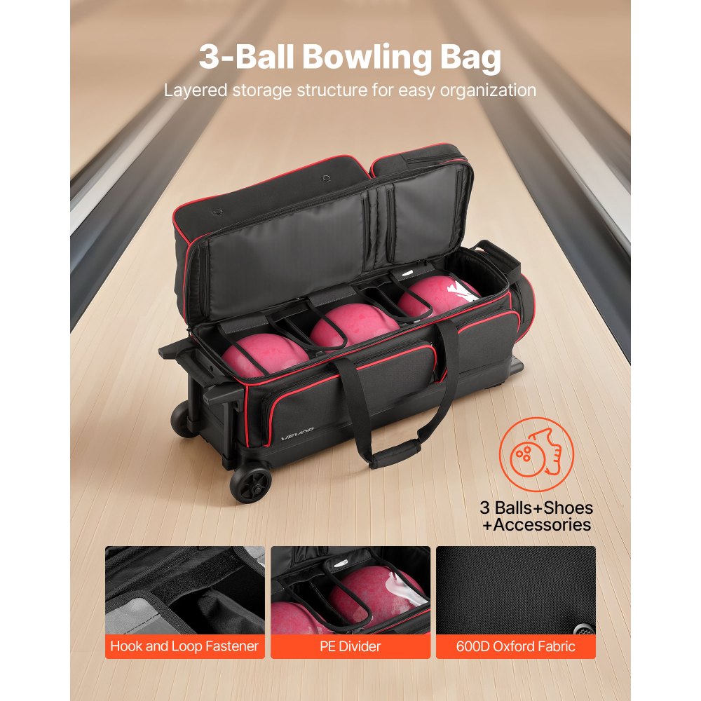 VEVOR Bowling Ball Bag, 3 Ball Double Roller Bowling Bag with Wheels, Featuring a Separate Compartment for Shoes (Up To