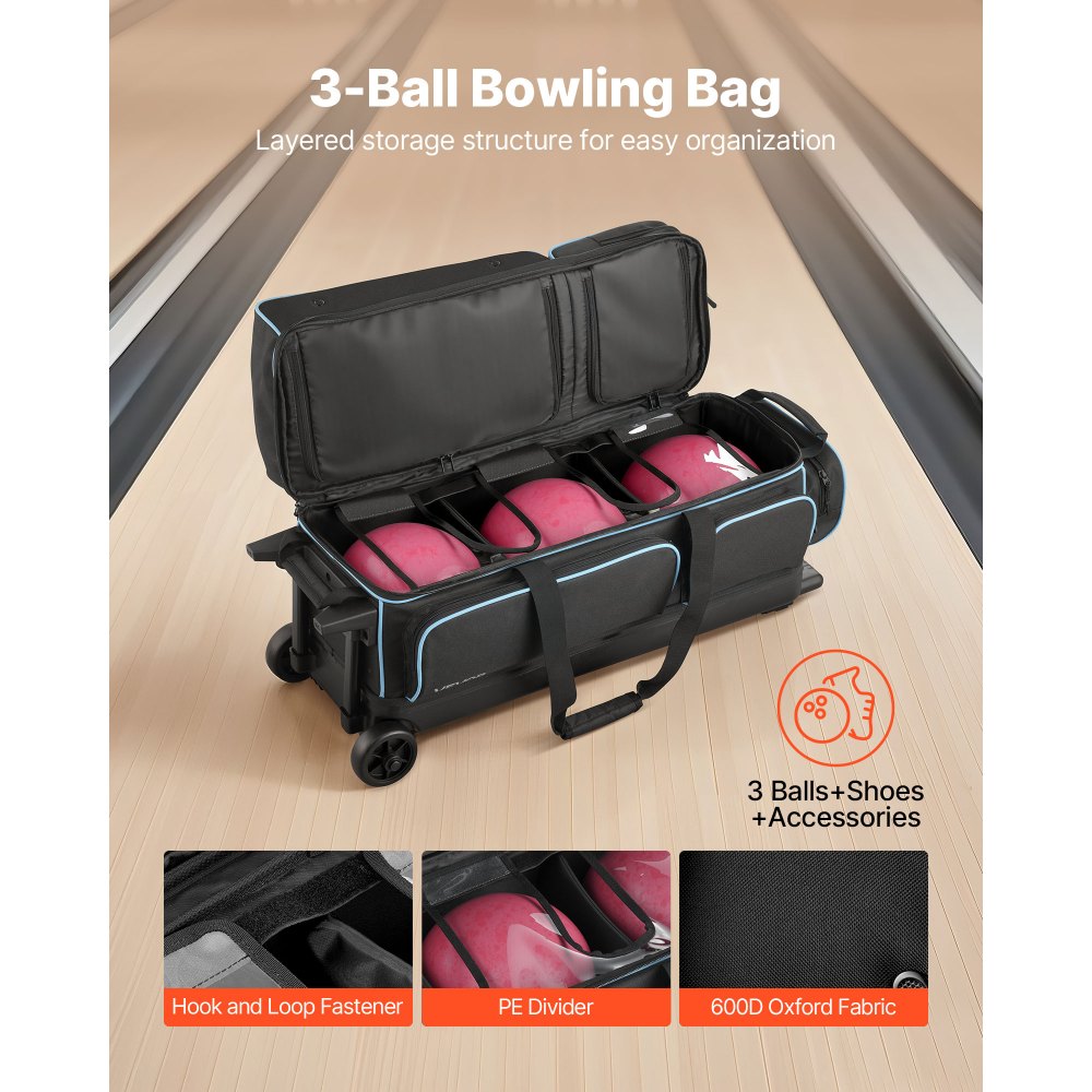 VEVOR Bowling Ball Bag, 3 Ball Double Roller Bowling Bag with Wheels, Featuring a Separate Compartment for Shoes (Up To
