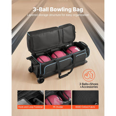 VEVOR Bowling Ball Bag, 3 Ball Double Roller Bowling Bag with Wheels, Featuring a Separate Compartment for Shoes (Up To