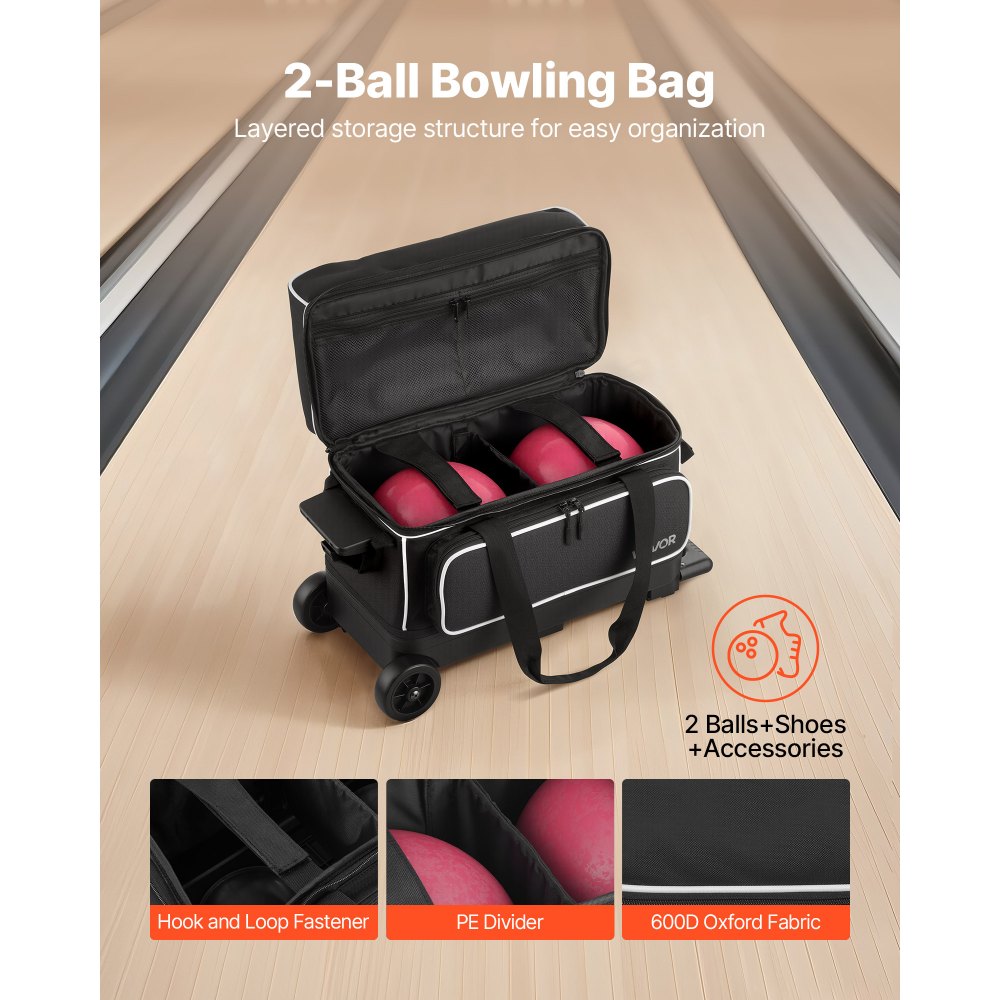 VEVOR Bowling Ball Bag, 2 Ball Double Roller Bowling Bag with Wheels, Featuring a Separate Compartment for Shoes (Up To