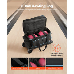 VEVOR Bowling Ball Bag, 2 Ball Double Roller Bowling Bag with Wheels, Featuring a Separate Compartment for Shoes (Up To
