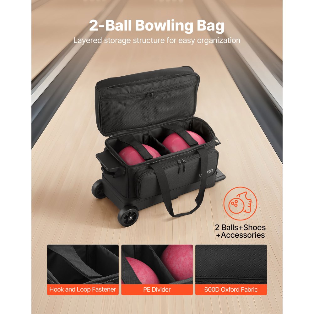 VEVOR Bowling Ball Bag, 2 Ball Double Roller Bowling Bag with Wheels, Featuring a Separate Compartment for Shoes (Up To