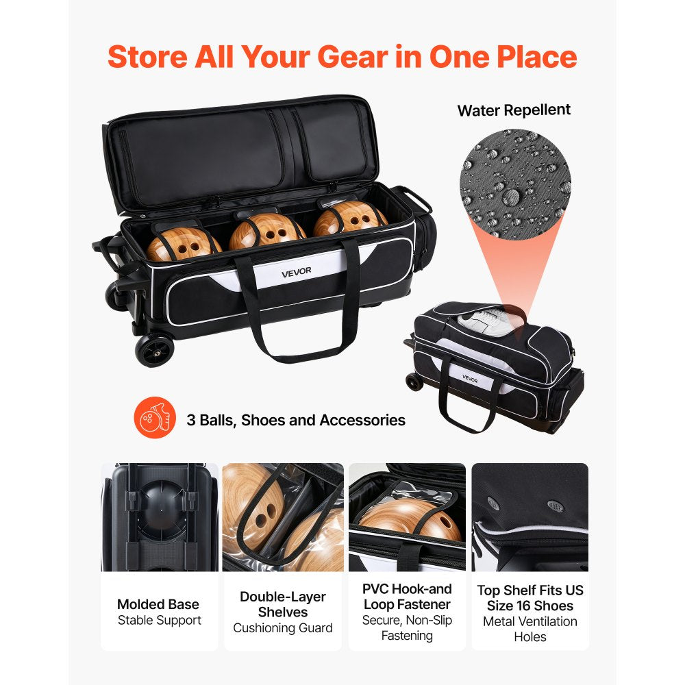 VEVOR 3 Ball Bowling Bag Double Roller Bag with Separate Shoe Compartment, for Bowling Shoes (Up To US Men Size 16)