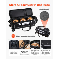 VEVOR 3 Ball Bowling Bag Double Roller Bag with Separate Shoe Compartment, for Bowling Shoes (Up To US Men Size 16)
