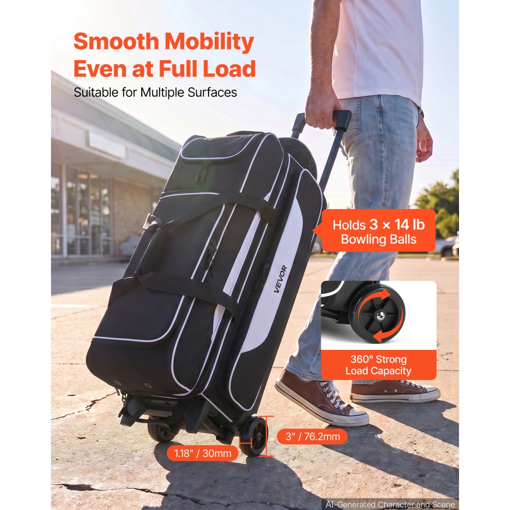 VEVOR 3 Ball Bowling Bag Double Roller Bag with Separate Shoe Compartment, for Bowling Shoes (Up To US Men Size 16)