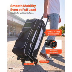 VEVOR 3 Ball Bowling Bag Double Roller Bag with Separate Shoe Compartment, for Bowling Shoes (Up To US Men Size 16)