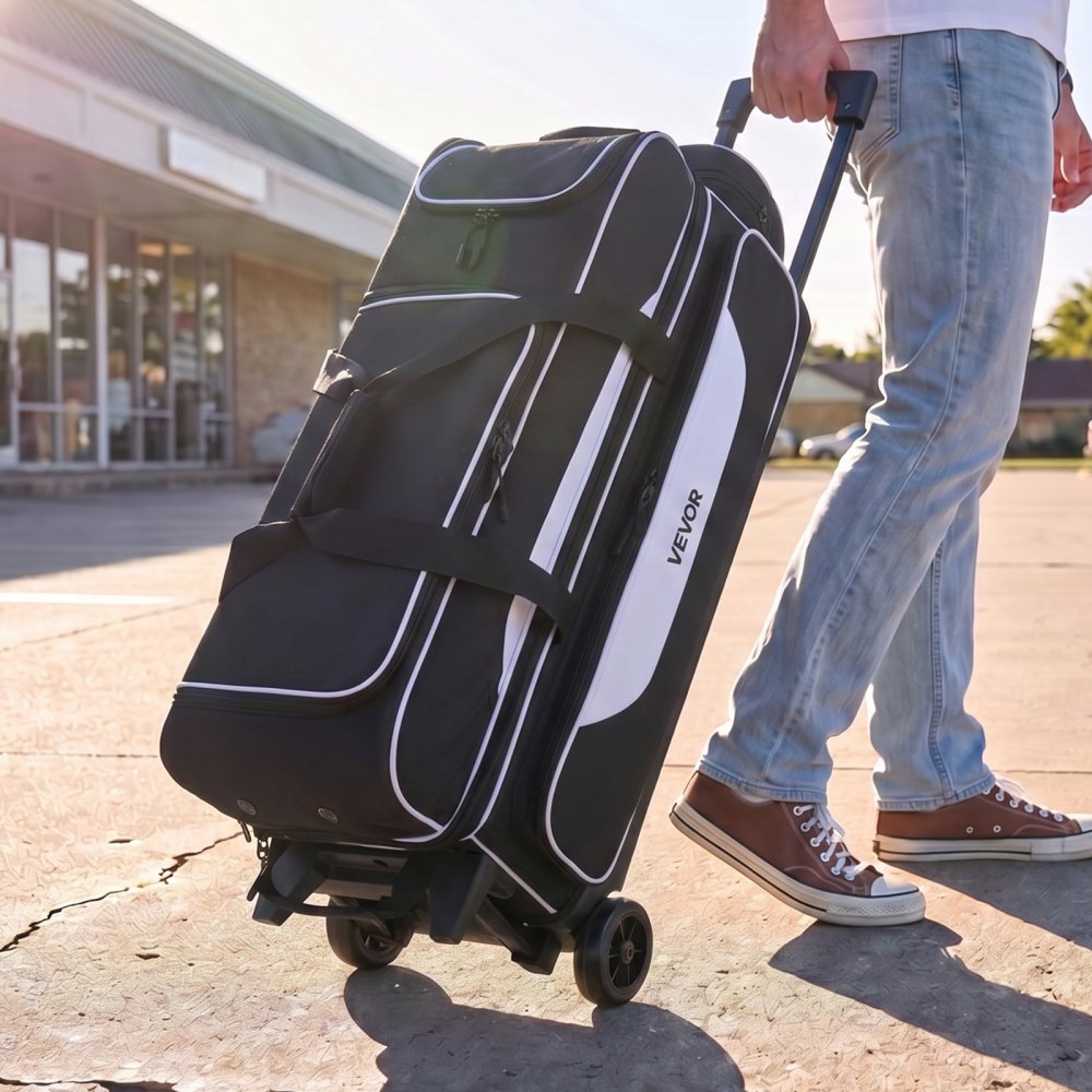 VEVOR 3 Ball Bowling Bag Double Roller Bag with Separate Shoe Compartment, for Bowling Shoes (Up To US Men Size 16)