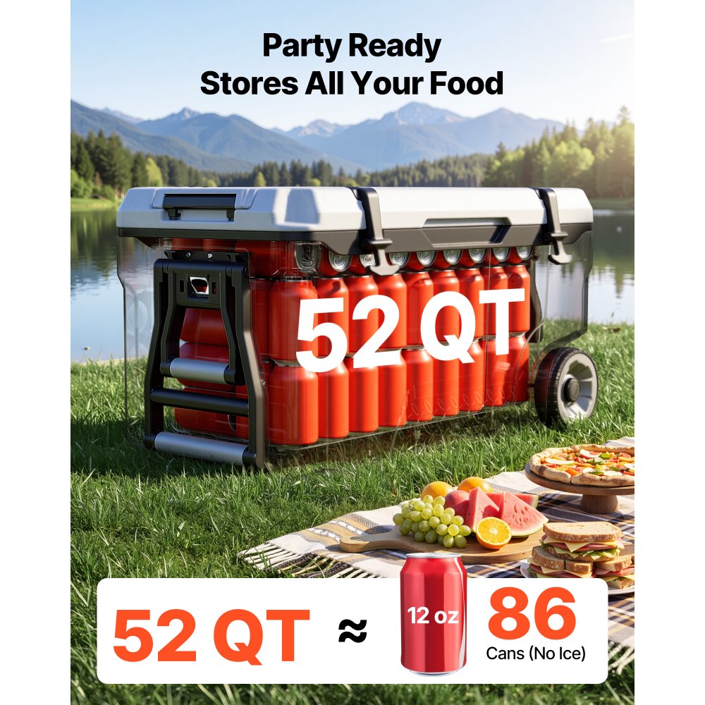 VEVOR Hard Cooler, 52QT Portable Rolling Cooler with Wheels, Leak-Resistant Coolbox Keeps Contents Cool for 48 Hours