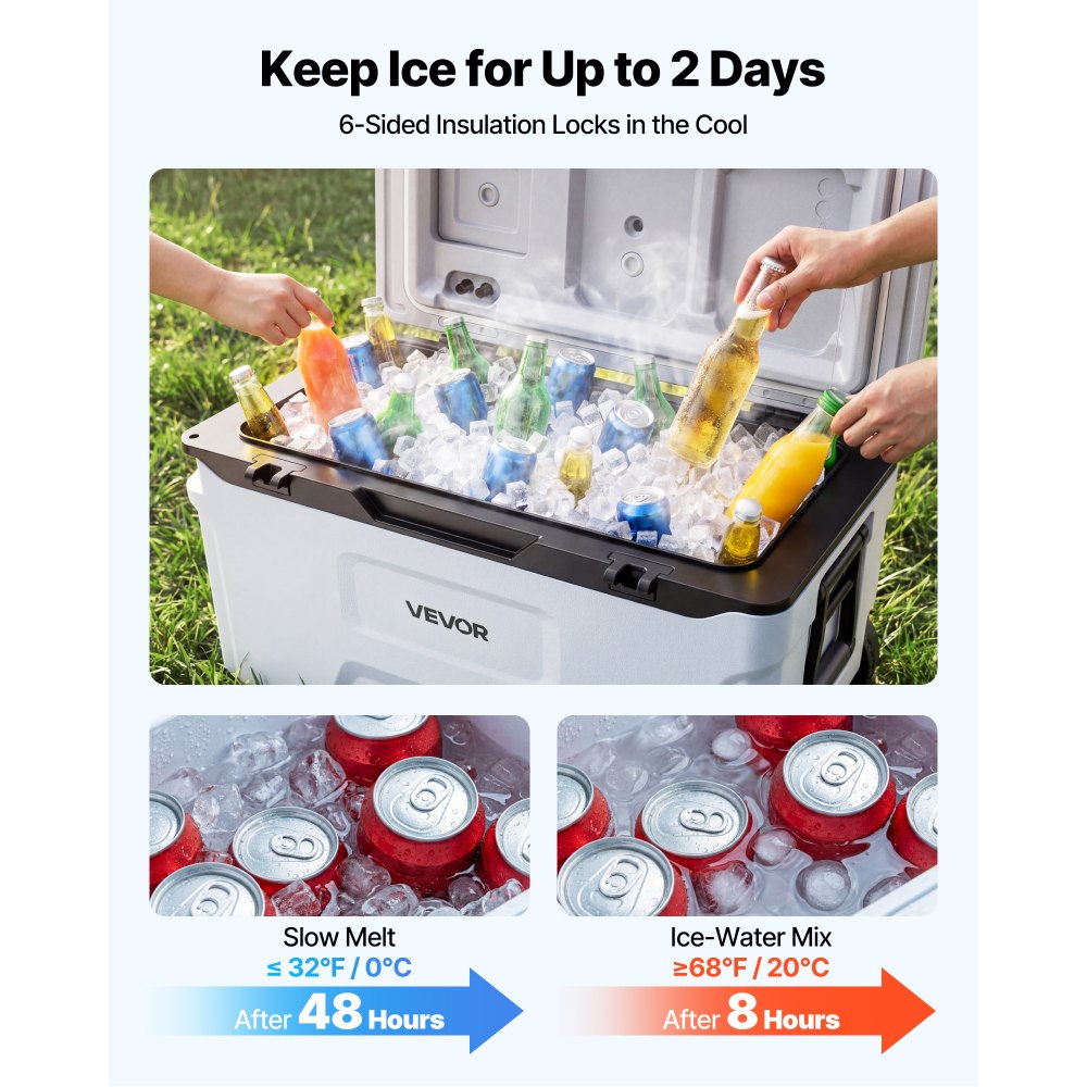 VEVOR Hard Cooler, 52QT Portable Rolling Cooler with Wheels, Leak-Resistant Coolbox Keeps Contents Cool for 48 Hours