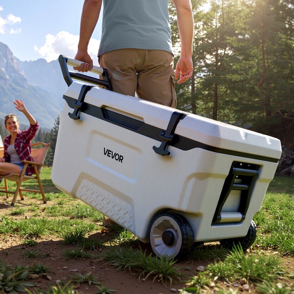 VEVOR Hard Cooler, 52QT Portable Rolling Cooler with Wheels, Leak-Resistant Coolbox Keeps Contents Cool for 48 Hours