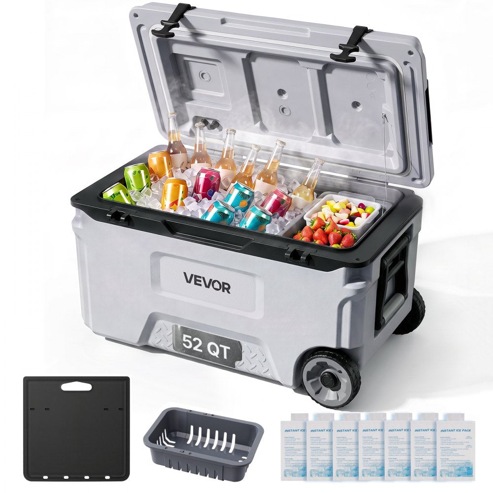 VEVOR Hard Cooler, 52QT Portable Rolling Cooler with Wheels, Leak-Resistant Coolbox Keeps Contents Cool for 48 Hours