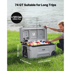 VEVOR Portable Cooler, 74 QT Wheeled Cooler with Ice Retention, Heavy-Duty Handles and Cup Holder, Lightweight Rigid