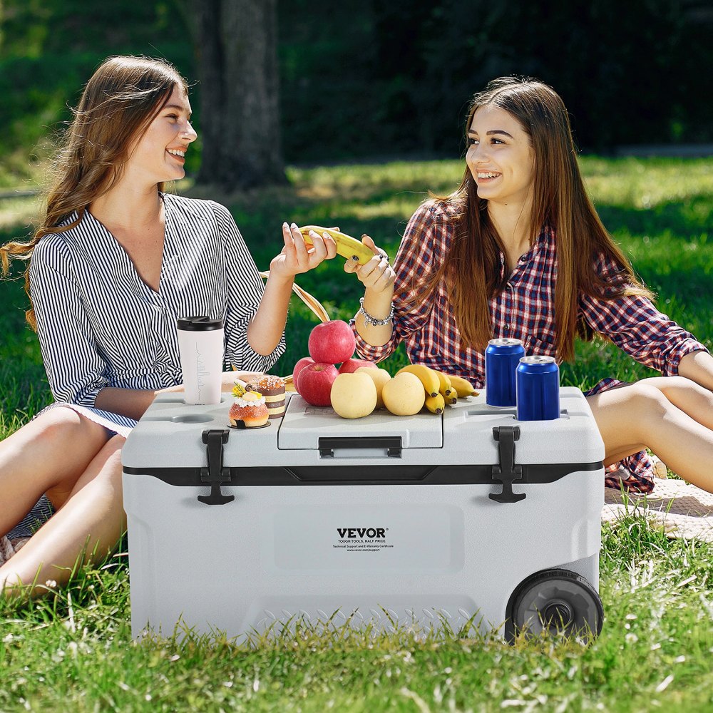VEVOR Portable Cooler, 74 QT Wheeled Cooler with Ice Retention, Heavy-Duty Handles and Cup Holder, Lightweight Rigid