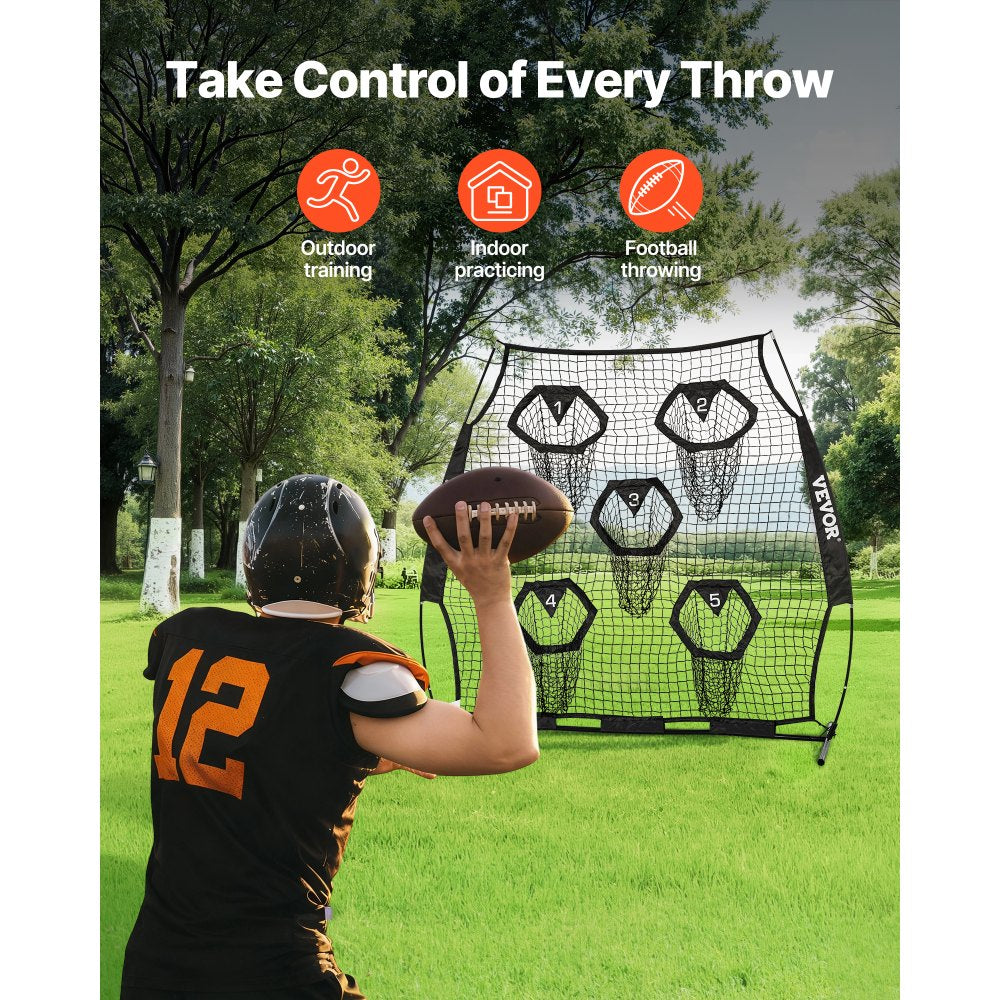 VEVOR 6 x 6 ft Football Trainer Throwing Net, Training Throwing Target Practice Net with 5 Target Pockets, Knotless Net